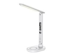 Halterrego Lampe de Bureau avec la Charge Induction 10W, Fonction réveil, Affichage de l'heure, la Date, la température, lumiosité réglable, Bras Pliable, Blanc