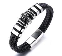 HALUKAKAH ● Assassin ● Homme Bracelet en Cuir Véritable de Main avec Le Boutton de la Tête du Mort Fermoir Magnétique en Titane Acier 8.46"(21.5cm) avec Le Boîte-Cadeau Gratuit