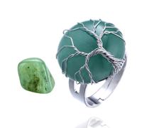 HALUKAKAH Bague en Pierre Naturelle et Cristal - AMOUR LUNAIRE - Fil Arbre de Vie Fait Main Plaqué Platine, Forme de Pleine Lune en Jade Vert, Taille Réglable, Cadeau pour Elle