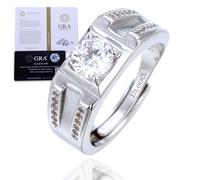 HALUKAKAH Bague pour Homme Moissanite D1,0 ct en Argent 925 Plaqué Platine avec Certificat,Audacieuse Sertie Griffes Diamant de Laboratoire en Ronde,Taille Ajustable,Cadeau pour Mari,Petit Ami