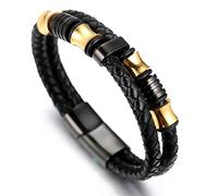 HALUKAKAH Bracelet en cuir Homme Perles en Titane Plaqué Or 18k/Platine Doré Argent Noir Fermoir Magnétique Taille Ajustable 21.5-23cm Cadeau pour Hommes (Or Noir 21.5cm)