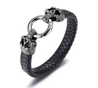 HALUKAKAH Bracelet en Cuir pour Hommes Antique Noir Tête de Crâne en Acier 21.5cm Style Rétro Vintage Cadeau pour Lui