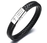HALUKAKAH Bracelet en Cuir pour Hommes Faithful Strength - 21,5cm Cuir Noir Classique avec Fermoir Magnétique en Acier Titane,Isaiah 41:10 Do Not Fear Gravés & Croix.Cadeau Religieux pour Lui