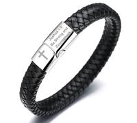 HALUKAKAH Bracelet en Cuir pour Hommes Faithful Strength - 21,5cm Cuir Noir Classique avec Fermoir Magnétique en Acier Titane,Joshua 1:9 Be Strong and Courageous Gravés & Croix.Cadeau Religieux
