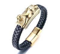 HALUKAKAH Bracelet en Or pour Homme,Plaqué Solide Or 24 Carats Titane Acier Courant Léopard Animaux Sauvages Viking Bracelet en Cuir Fait Main Fermoir Magnétique 21,5cm,avec Le Boîte-Cadeau Gratuit
