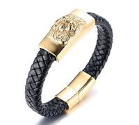 HALUKAKAH Bracelet en Or pour Homme, Plaqué Solide Or 24 Carats Titane Acier Tête de Lion Animaux Sauvages Viking Bracelet en Cuir Fait Main Fermoir Magnétique 21,5cm, Coffret Cadeau GRATUIT
