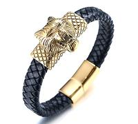 HALUKAKAH Bracelet en Or pour Homme, Plaqué Solide Or 24 Carats Titane Acier Tête de Loup Animaux Sauvages Viking Bracelet en Cuir Fait Main Fermoir Magnétique 21,5cm, Coffret Cadeau Gratuit