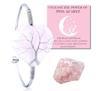 HALUKAKAH Bracelet en Pierre Naturelle et Cristal - AMOUR LUNAIRE - Fil Arbre de Vie Plaqué Platine Fait à la Main, Pendentifs en Forme de Cœur en Quartz Rose Taille Réglable