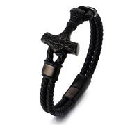 Halukakah Bracelet Marteau de Thor Viking pour Enfants Garçons Ados - 18,5cm Véritable Cuir Noir - Acier Titane Médical Hypoallergénique & Plaqué Rhodium -Fermoir Magnétique -Bijou Mythologie Nordique