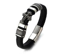 HALUKAKAH Bracelet Première Sainte Communion Enfant - Croix Flèche Scintillante - 18,5cm Acier Titane Hypoallergénique - Véritable Cuir Noir - Cadeau Religieux pour Garçons Filles Ados