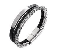 HALUKAKAH Bracelet Tressé Triple en Titane pour Homme - 21cm Cuir Véritable Noir & Chaîne en Acier Chirurgical - Hypoallergénique Argent - Fermoir Magnétique - Boîte Cadeau Premium Inclus
