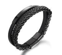 HALUKAKAH Bracelet Tressé Triple en Titane pour Homme - 21cm Cuir Véritable Noir & Chaîne en Acier Chirurgical - Hypoallergénique Rhodium Noir - Fermoir Magnétique - Boîte Cadeau Premium Inclus