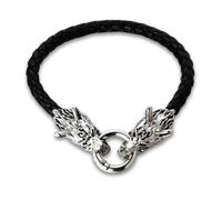 HALUKAKAH Bracelet Viking pour Ados - Marteau de Thor et Loups en Titane Sûr & 19cm Cuir Noir Tressé - Cadeau Nordique Hypoallergénique - Finition Argent Vieilli - Bijou Fantaisie Sombre Garçons