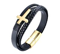 HALUKAKAH Bracelets for Men Vikings, Solid 24k Gold Plated/Distressed Silver Retro Titanium Steel Cross Star Multi Wrap Handmade Leather Bracelet Magnetic Clasp 21.5cm, Free Giftbox