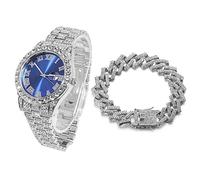 HALUKAKAH Cadran Bleu Diamants Montre en Or Iced Out, Hommes Plaqué Or Blanc Platine Quartz Bracelet 24cm, avec Chaîne de Cubains Bracelet 20cm, avec Boîte Cadeau