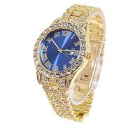 HALUKAKAH Cadran Bleu Diamants Montre en Or Iced Out, Hommes Plaqué Or Réel 18k Quartz Bracelet 24cm, avec Boîte Cadeau