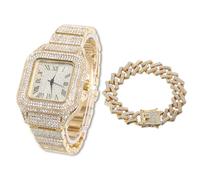 HALUKAKAH Cadran Carré Diamants Montre en Or Iced Out, Hommes Plaqué Or Réel 18k Quartz Bracelet 24cm, avec Chaîne de Cubains Bracelet 20cm, avec Boîte Cadeau