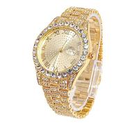 HALUKAKAH Cadran Rond Diamants Montre en Or Iced Out, Hommes Plaqué Or Réel 18k Quartz Bracelet 24cm, avec Boîte Cadeau