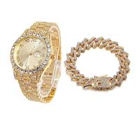 HALUKAKAH Cadran Rond Diamants Montre en Or Iced Out, Hommes Plaqué Or Réel 18k Quartz Bracelet 24cm, avec Chaîne de Cubains Bracelet 20cm, avec Boîte Cadeau