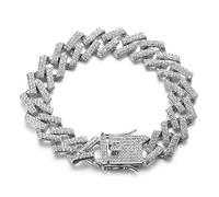 HALUKAKAH Chaîne en Or Glacé,15MM Chaîne Cubaine Homme Miami Plaqué Platine Or Blanc Bracelet 20cm,Plein CZ Diamant Simulé,Cadeau pour Lui