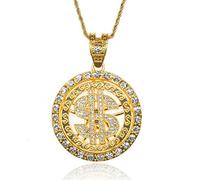 HALUKAKAH Chaîne en Or Homme Iced Out,Véritable Plaqué Or 18 Carats Dollar Américain Rotatif Pendentif Collier,Plein CZ Lab Diamants Set Prong,avec Chaîne de Corde 60cm,Coffret Cadeau Gratuit