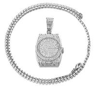 HALUKAKAH Chaîne en Or pour Homme,Or Blanc Platine Collier Pendentif Montre 3D CZ Complet Diamants de Laboratoire avec Chaîne de Tennis Bébé 50cm Coffret Cadeau Gratuit
