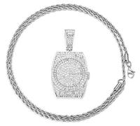 HALUKAKAH Chaîne en Or pour Homme,Or Blanc Platine Collier Pendentif Montre 3D CZ Complet Diamants de Laboratoire avec Chaîne de Corde 60cm Coffret Cadeau Gratuit