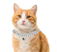 Halukakah Collier Chat - Carat - Chaîne en Or en Maillons Cubains et Diamant pour Chaton & Chat - Taille de Collier 30cm Plaqué Platine - avec Cloche - Préparez Votre Chat à Défilé