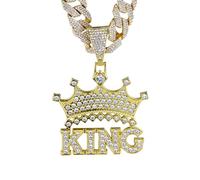 HALUKAKAH Collier Couronne King de Diamants pour Homme,Plaqué Or Réal 18k,Pendentif Lettres 3D Serti de Diamants de Laboratoire avec 15mm Chaîne Cubaine 50cm,Cadeau pour Mari,Fils,Petit Ami