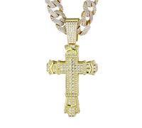 HALUKAKAH Collier Croix Baroque Diamant pour Garçons,Plaqué en Or 18k Véritable,Pendentif Serti de Diamants de Laboratoire et 15MM Cuban Link Chain 45cm,Cadeau Religieux pour Fils,Neveu,Ami,Frère