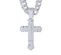 HALUKAKAH Collier Croix Baroque Diamant pour Garçons,Plaqué en Platine,Pendentif Serti de Diamants de Laboratoire et 15MM Cuban Link Chain 45cm, Cadeau Religieux pour Fils, Neveu, Ami, Frère