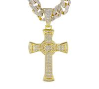 HALUKAKAH Collier Croix Celtique Diamant pour Garçons,Plaqué en Or 18k Véritable,Pendentif Serti de Diamants de Laboratoire et 15MM Cuban Link Chain 45cm,Cadeau Religieux pour Fils,Neveu,Ami,Frère