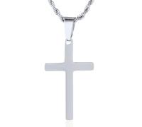 HALUKAKAH Collier Croix Garçon Premium | Acier Titane Médical Hypoallergénique Plaqué Platine | Pendentif Religieux avec Chaîne Corde 50cm | Première Communion | Boîte Cadeau Inclus