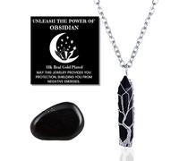 HALUKAKAH Collier en Pierre Naturelle et Cristal - AMOUR LUNAIRE - Fil Arbre de Vie Fait Main Plaqué Platine,Pendentifs en Forme de Hexagonale en Obsidienne Chaîne de 50cm,Cadeau pour Elle