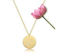 HALUKAKAH Collier Fleur de Naissance: Pendentif Floral Plaqué Or 18k avec Disque de Juillet Lotus - Collier Délicat Fait Main, Cadeau de Bijoux Personnalisé pour Anniversaires