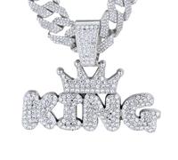 HALUKAKAH Collier King Couronne en Diamants pour Garçons Ados,Plaqué Platine,Serti de Diamants de Laboratoire,Pendentif Lettres 3D Bubble avec Chaîne Cuban Link 40cm,Cadeau pour Fils,Petit-fils,Nièce