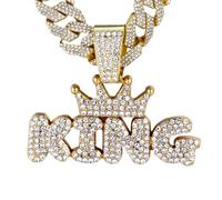 HALUKAKAH Collier KING Couronne en Diamants pour Garçons,Plaqué Or 18k,Serti de Diamants de Laboratoire,Pendentif Lettres 3D Bubble avec 15MM Chaîne Cuban Link 40cm,Cadeau pour Fils,Petit-fils,Neveu