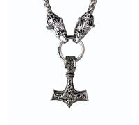 HALUKAKAH Collier Marteau de Thor Viking pour Homme - Ton Argent Sterling Vieilli 60cm avec Têtes de Loup 3D - Acier Titane Hypoallergénique - Bijou Mythologie Nordique - Cadeau pour Homme