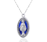 HALUKAKAH Collier Médaille Miraculeuse en Argent de Conception Italienne avec Chaîne 45cm - Grand Pendentif 4cm,Argent Oxydé avec Accent Émail Bleu - Bijoux Catholiques,Cadeau pour Amis Famille