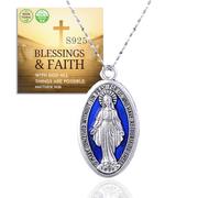 HALUKAKAH Collier Médaille Miraculeuse en Argent de Conception Italienne avec Chaîne 45cm - Grand Pendentif 4cm,Argent Oxydé avec Accent Émail Bleu - Bijoux Catholiques,Cadeau pour Amis Famille