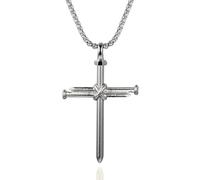 HALUKAKAH Collier Pendentif Croix Clou en Acier Titane Plaqué Platine pour Hommes - Poli en Argent avec Chaîne 60cm - pour Usage Quotidien,Occasions Religieuses,Cadeaux,avec Boite Cadeau et Carte