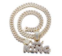 HALUKAKAH Collier Pendentif Plaqué Or 18 Carats pour Homme - Plus 1000 Diamants - Chaîne Maillons Cubains - Pendentif Lettre du Roi Couronne de Diamants en Grappes - Style Hip Hop - avec Boîte Cadeau