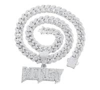 HALUKAKAH Collier Pendentif Plaqué Platine pour Homme - Plus 1000 Diamants - Chaîne Maillons Cubains - Pendentif Lettre Money 3D de Diamants en Grappes - Style Hip Hop - Livré avec Boîte Cadeau