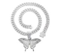 HALUKAKAH Collier Pendentif Plaqué Platine pour Hommes - Plus de 1000 Diamants - Chaîne Maillons Cubains - Pendentif Papillon 3D avec Diamants Groupés - Style Hip-Hop - Livré avec Boîte Cadeau