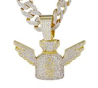 HALUKAKAH Collier Sac d’Argent Dollar Américain en Diamant pour Homme,Plaqué Or 18k,Pendentif Serti de Diamants de Laboratoire,15MM Chaîne Cubaine Diamantée 50cm,Cadeau Hip-Hop pour Mari,Petit Ami