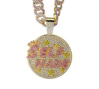 HALUKAKAH Collier SELF MADE en Diamant Rose pour Homme,Plaqué Or Réal 18k,Pendentif Serti de Diamants de Laboratoire avec 15mm Chaîne Cubaine Diamantée 50cm,Cadeau Hip-hop pour Mari,Fils,Petit Ami