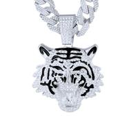 HALUKAKAH Collier Tigre de Diamants pour Homme, Plaqué Platine, Pendentif Serti de Diamants de Laboratoire avec 15MM Chaîne Cuban Link 50cm, Cadeau Parfait pour Mari, Fils, Petit Ami