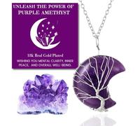 HALUKAKAH Cristal Pierre Collier Femme Améthyste Quartz Violet Cristal Plaqué Platine Laiton Fil Fait Main Sinueux Arbre de Vie Forme de Lune Pendentif 30×40mm avec Chaîne 50cm