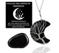 HALUKAKAH Cristal Pierre Collier Femme Naturelle Obsidienne Plaqué Platine Laiton Fil Fait Main Sinueux Arbre de Vie Forme de Lune Pendentif 30×40mm avec Chaîne 50cm
