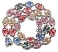 HALUKAKAH Diamant Chaîne de Grains de Café pour Homme,13MM Platine Fini Or Blanc Arc en Ciel Collier 45cm,Multicolore Diamants de Laboratoire,avec Coffret Cadeau Gratuit